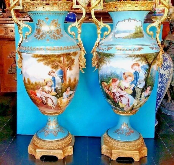 Pair Large Limoges Hand Painted Porcelain and Bronze Vase France  35 3/4''