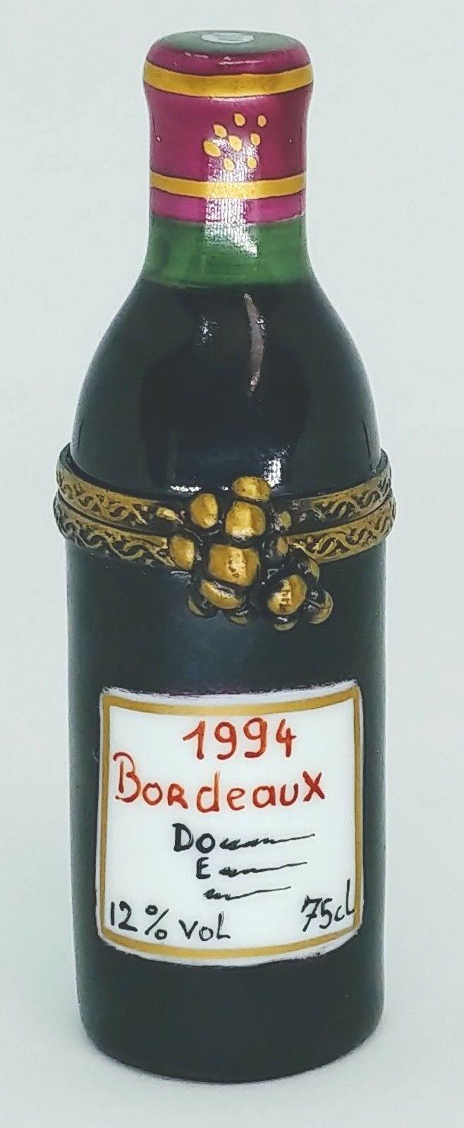 LIMOGES TRINKET BOX BOTTLE OF WINE, BORDEAUX 1994 EXIMIOUS