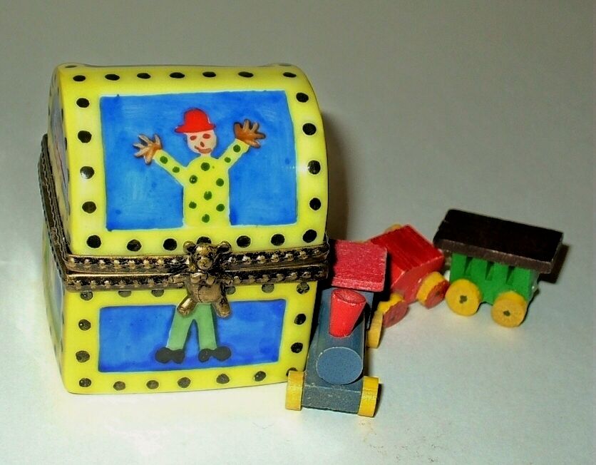 LIMOGES BOX - CHILD'S DOMED TOY CHEST & TRAIN - TEDDY BEAR - HOUSE & CAR & BOAT