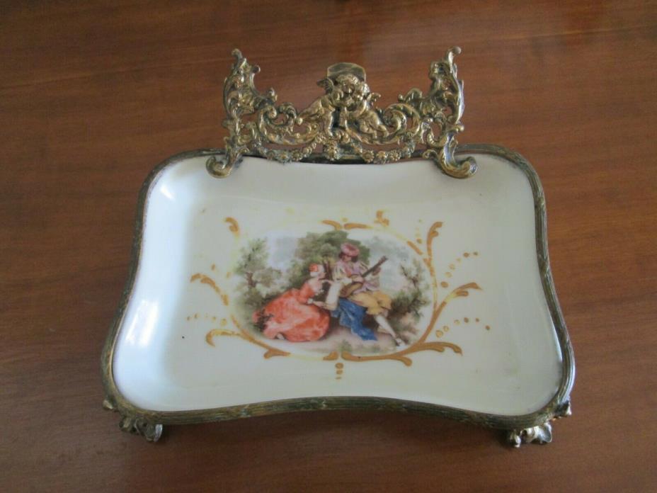Antique French Limoges porcelain gilt brass bronze ormolu trinket tray vintage