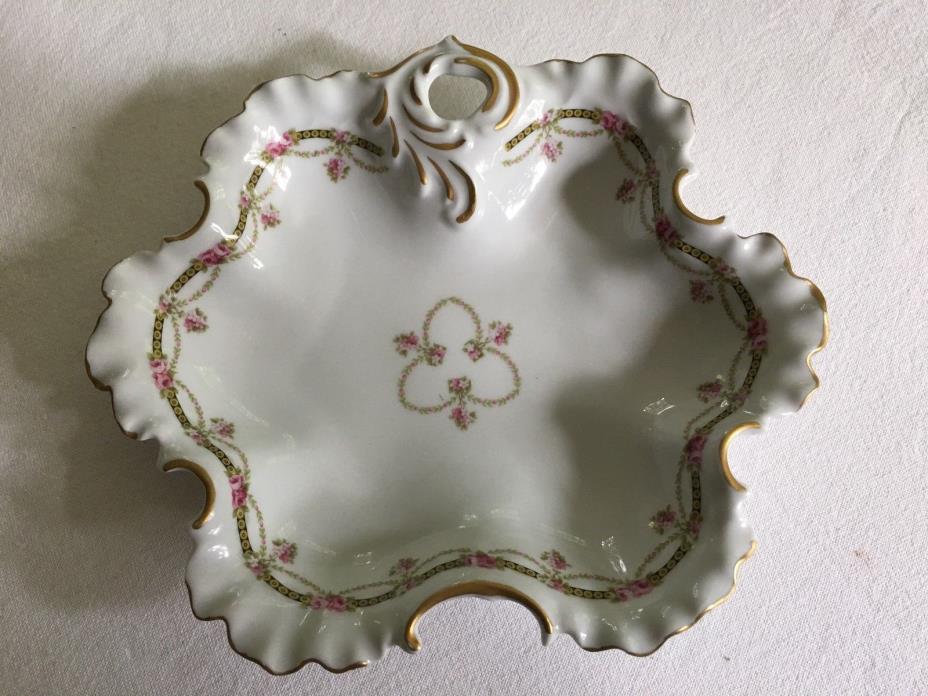 Limoge porcelain dish Atelier du Tabalou Pink floral garlands, ruffle edge,mint
