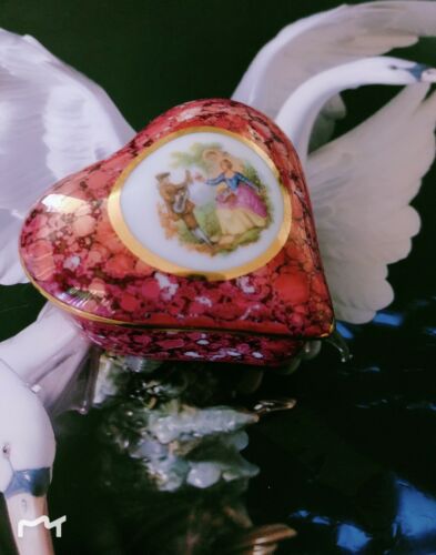 Vintage Porcelain Limoges Trinket Heart Box Gilding Burgundy Love Letter Jewelry