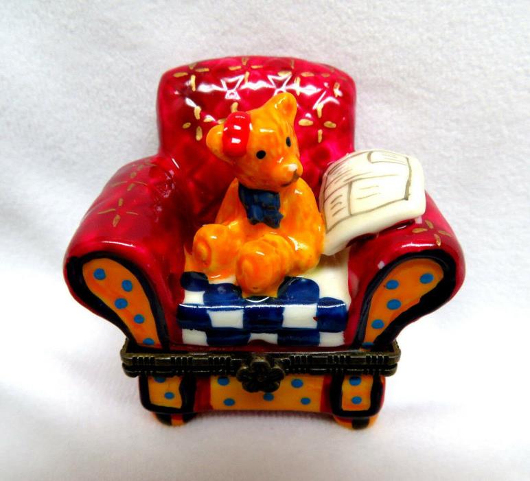 Hinged Top Porcelain Trinket Box ~ Teddy Bear in a Chair