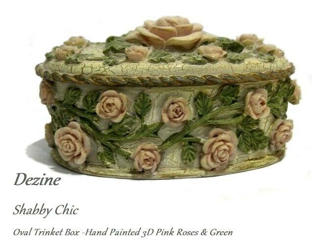 Shabby Chic  3 D Pink Roses & Green Dezine  Oval Trinket Box Hand Painted