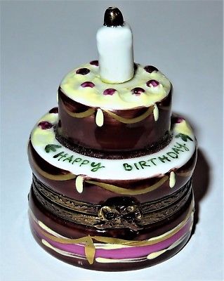 LIMOGES BOX ~ HAPPY BIRTHDAY CAKE & CANDLE & 3D GIFT ~ CHOCOLATE & CHERRY