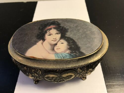 Jewelry Trinket Box Gold Metal Satin Picture VIGEE LEBRUN & DAUGHTER 1755-1842