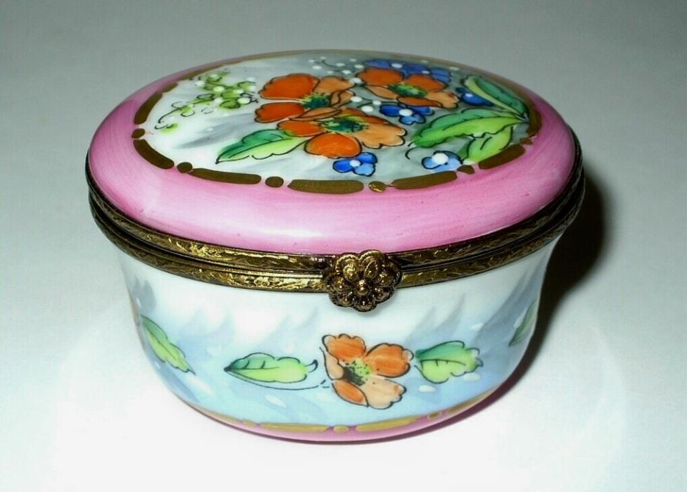 LIMOGES BOX - FLORAL CHEST - POPPY & LILY OF THE VALLEY FLOWERS - 3D LADY BUG