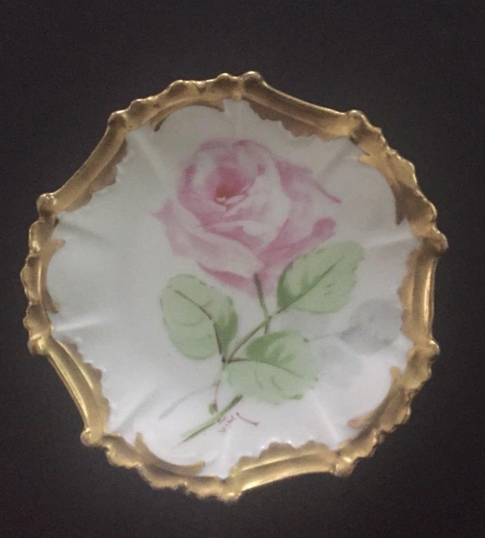 Limoges France LDBC Hand Painted 4 In Plate Pink Rose Gold Scallop Trim ~Signed