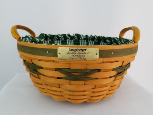 Longaberger 1999 Christmas Collection Popcorn Basket Green White Liner