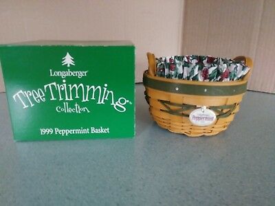 Longaberger 1999 Green Christmas Tree Trimming Peppermint basket set