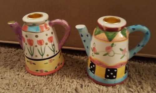 Ceramic Teapot Coffee Pot Candle Holder Floral Flowers Set of 2