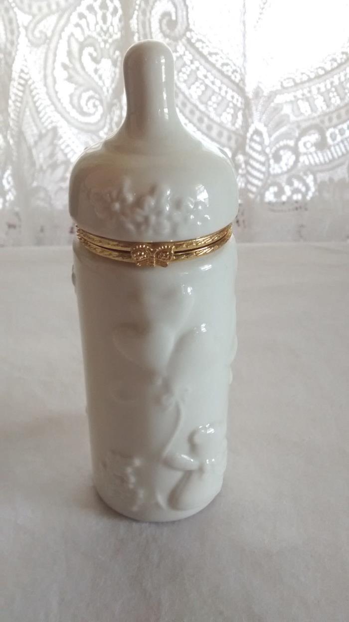 Porcelain White & Gold Baby Bottle Keepsake Hinged Trinket Box 5 3/4