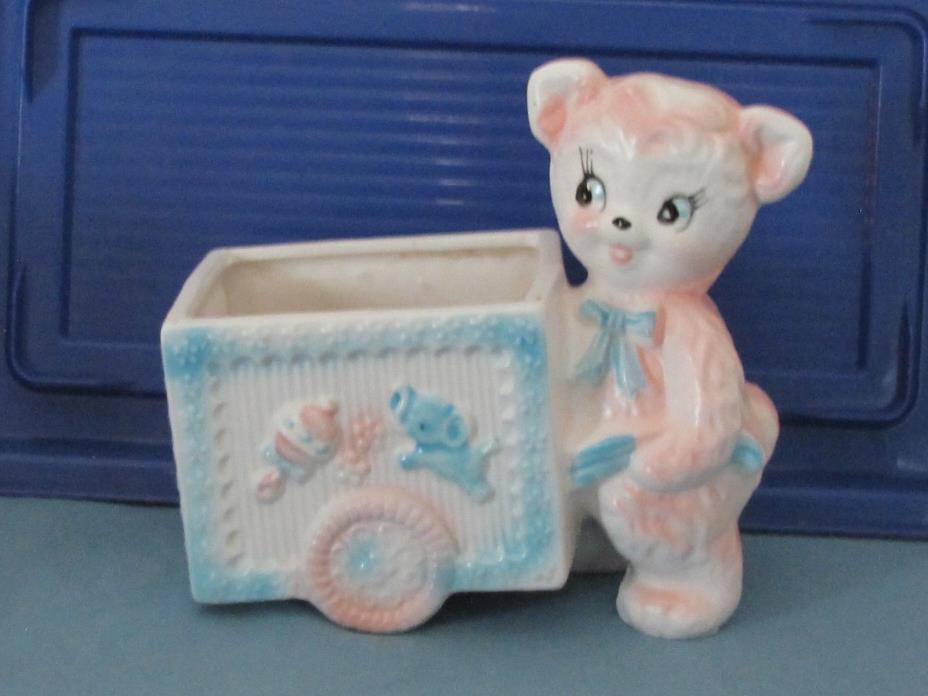 Vintage Napco Japan Teddy Bear Cart Baby Room Planter C-8023 (22)