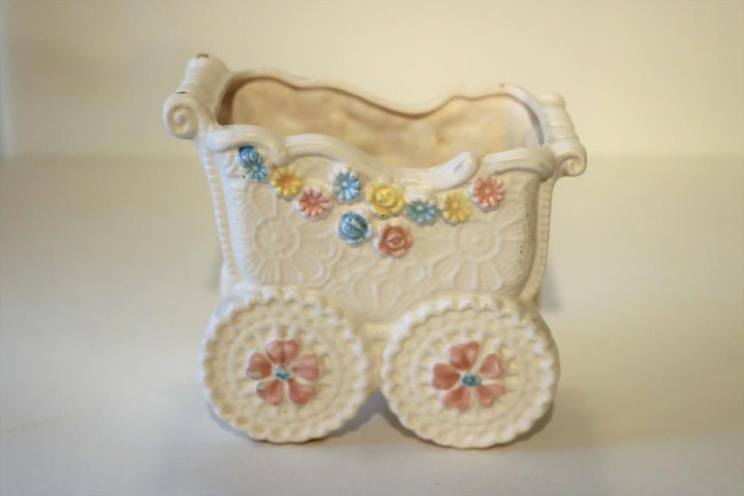 Vintage NAPCO Ivory Baby Carriage Planter with Daisies & Roses, C- 8289