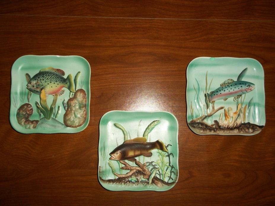 Napco 3D Painted Ceramic Hanging Wall Plaque Fish Set of {3} Vtg.
