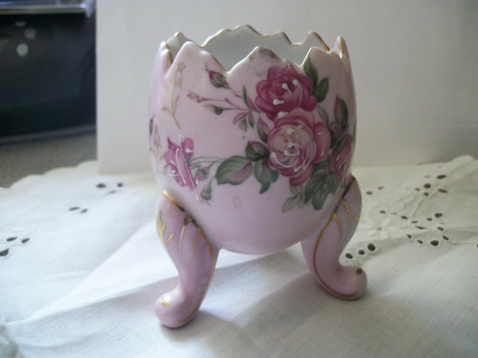 Vintage Pink with Flowers 3 Footed Egg Vase/ Planter