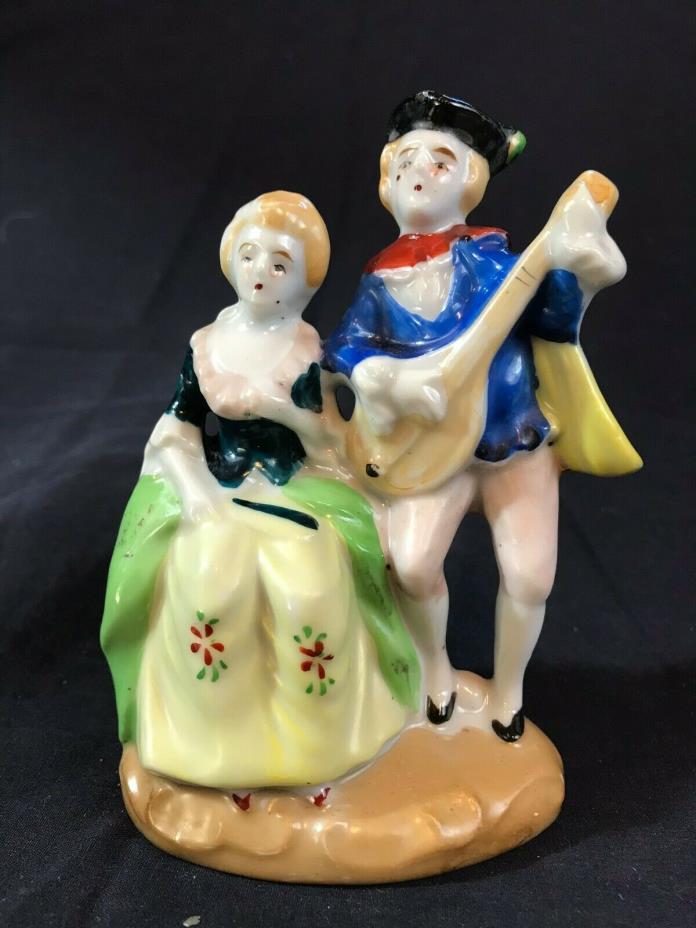Vintage Figurine Man Playing Lute Lady Seated in Green Dress Occupied Japan