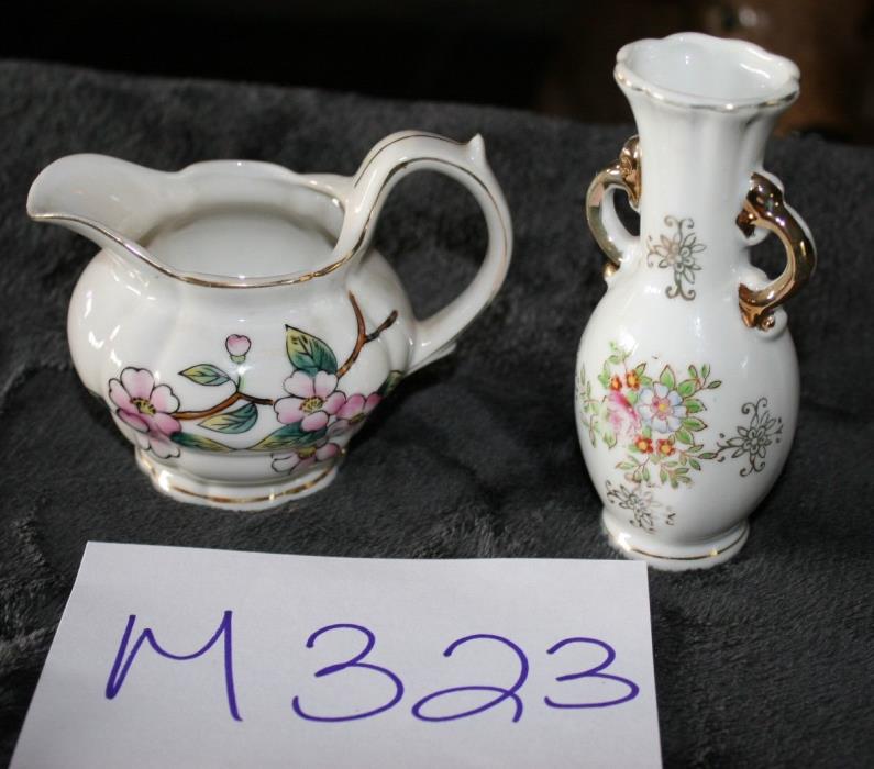 VINTAGE OCCUPIED JAPAN FLORAL VASE AND CREAMER GOLD TRIM M323