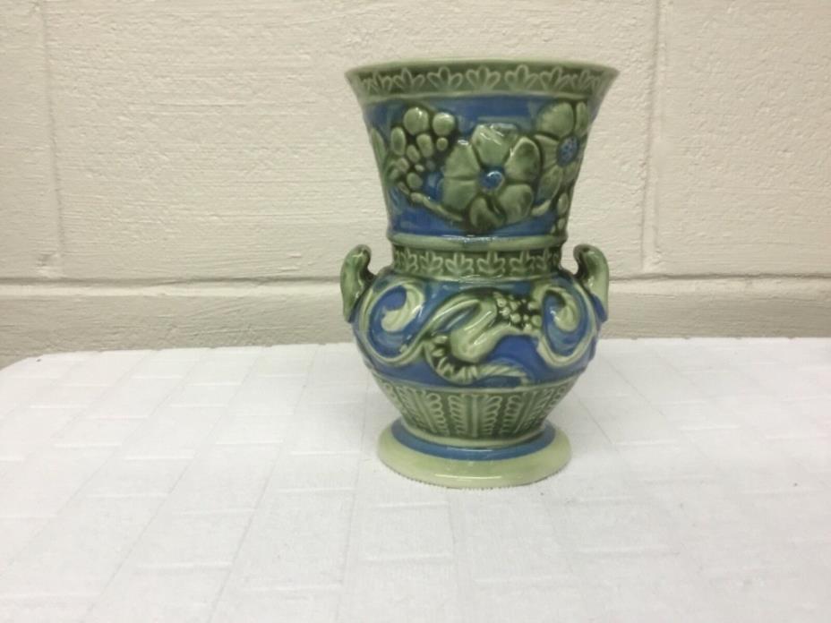 Occupied Japan glazed Ceramic Vase Flowers green blue 6”