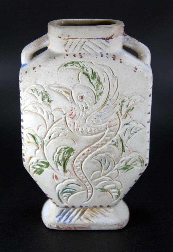 Vintage Pottery OCTAGON VASE Occupied Japan 6” with Bird (Phoenix?)& Leaf Design