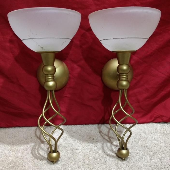 Set of 2 Party Lite Grand Paragon Wall Sconces-Frosted Glass Shade/Gold/Brass