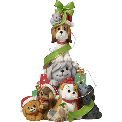 ? PRECIOUS MOMENTS Musical Figurine DOG CAT CHRISTMAS TREE Music Box LIGHT UP