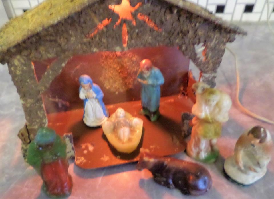 Vintage Nativity Set Creche Wax Figures Light Up Stable Christmas