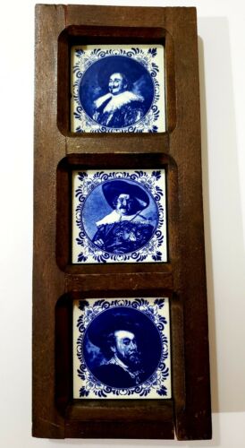 Antique vintage Blue Delft Souvenir Wall Plate Made In Denmark solid wood frame