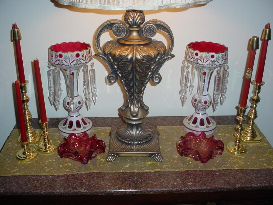 Pair Bohemian Cranberry Red White Gold Cut Glass Antique Lustres Lusters 14
