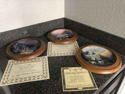 Thomas Kinkade Xmas Plates 3, Home For The Holidays Series. COA. Wood Frames