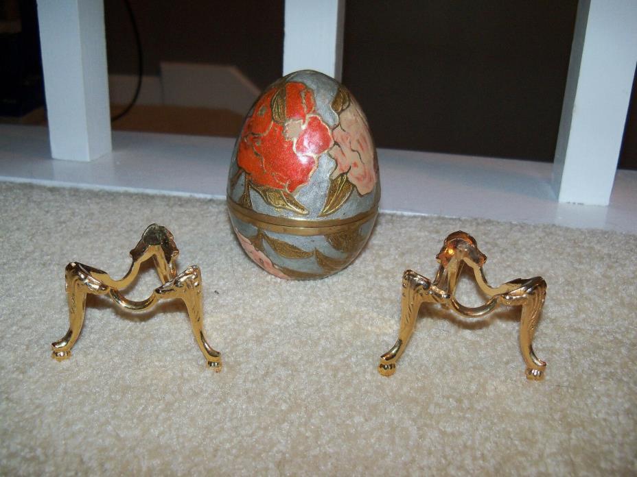 2 Brass Tripod Gold Tone Metal Collectible Egg Stand Holders & Painted Egg