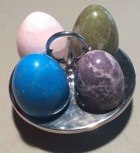 (e10) SILVER Plate Four Egg Stand And Mineral Stone Eggs Easter Egg Set