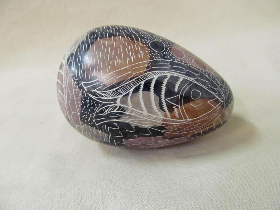 Hand Carved Etched Painted Decorative Stone Egg Native Fish Design Earth Colors