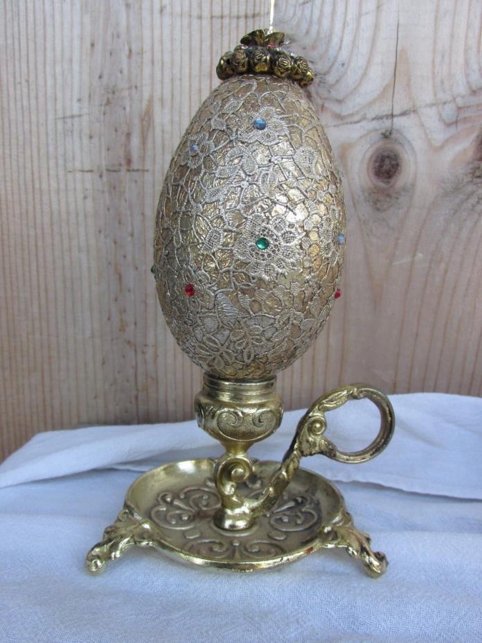 Gold Tone Jewels? Decorative Signed Real Egg Lacy w/ Metal stand 3 leg, finger