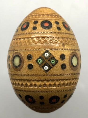 Painted Antique Artisan Wooden Egg Small Bead And Carving Detail