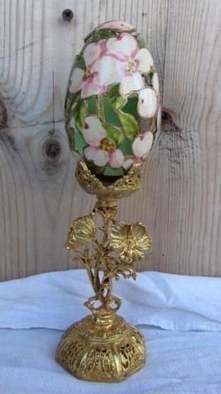 Ornate Decorative Signed Hand Painted Real Egg Cut outs w/24K plated Gold stand