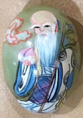 Vintage Asian Green Stone Egg Hand Painted Wizard Holding Cane