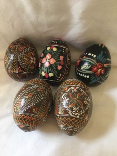 Vtg Russian Hand Painted Wood Egg Lot (5) Easter Intricate Design