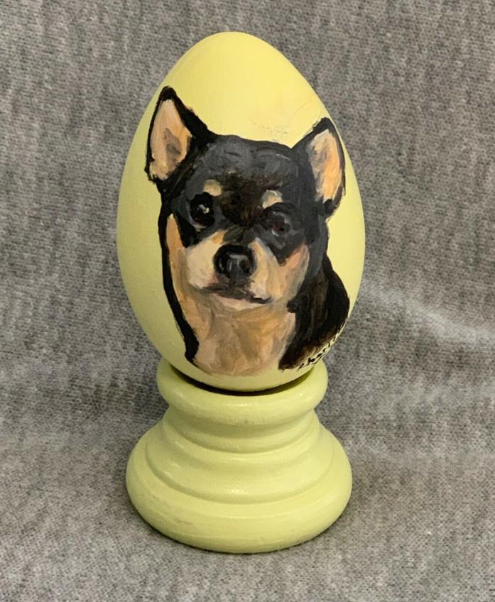 Hand Painted Chihuahua Dog Egg with Stand Signed