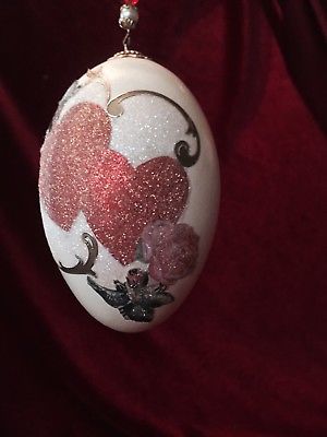 A LOVELY HANGING DECORATED GOOSE EGG ORNAMENT. HEARTS. GREAT AS VALENTINE GIFT.