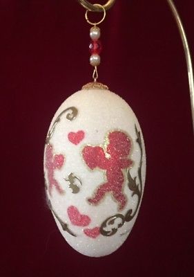 A LOVELY HANGING DECORATED GOOSE EGG ORNAMENT.  GREAT AS VALENTINE GIFT.