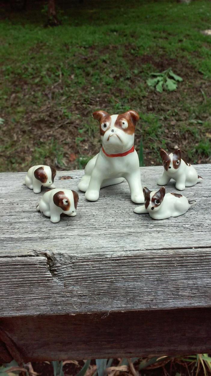 Vintage 1950's 60's Japan Porcelain Brown Spotted Bulldog & 4 Pups Figurines