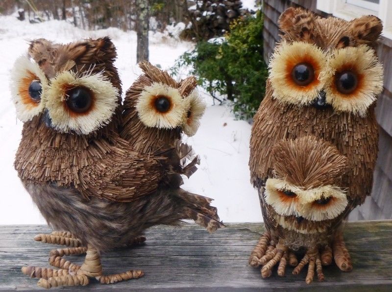 ~~ Nantucket Home Sisal/Twig&Feathers Owl Statues W/Babies ~~ Set Of 2 ~~ NEW ~~