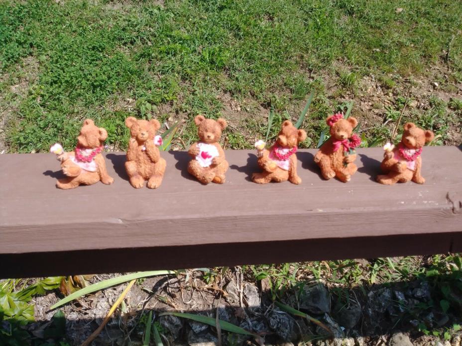 set of 6 bear figurines with  hearts, roses, butterflies