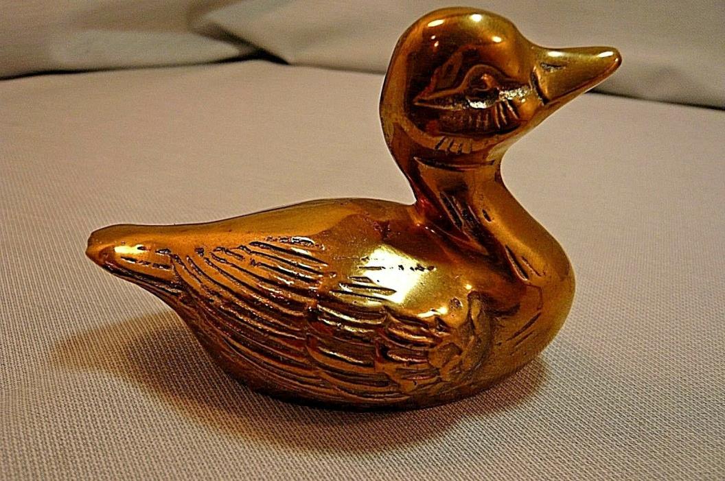 VTG BRASS SWIMMING DUCKLING FIGURINE/PAPERWEIGHT-Nice Detail-About 1 1/2 x 4