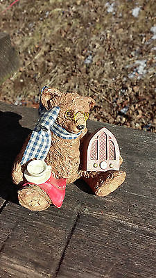 Sitting Teddy Bear figurine wearing glasses & holding old radio & cup