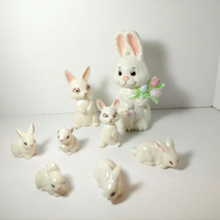 Vintage Bunny Rabbit Figurine Lot of 8 Ceramic Easter Bunnies Various Sizes