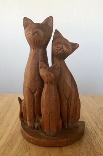 Hand Carved Vintage Wooden Wood Cat Family Mom Dad Baby Three Kitties Brown