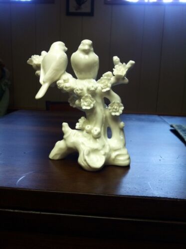 White Glossy Porcelain Birds And Rose Bush Blooming Tree Figurine 5