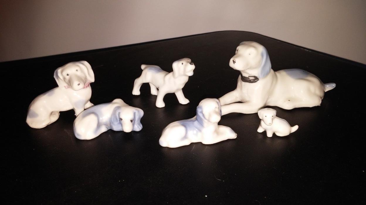 White and Blue Dog Figurines Japan Lot of 6 Hound Retriever Spaniel Puppy